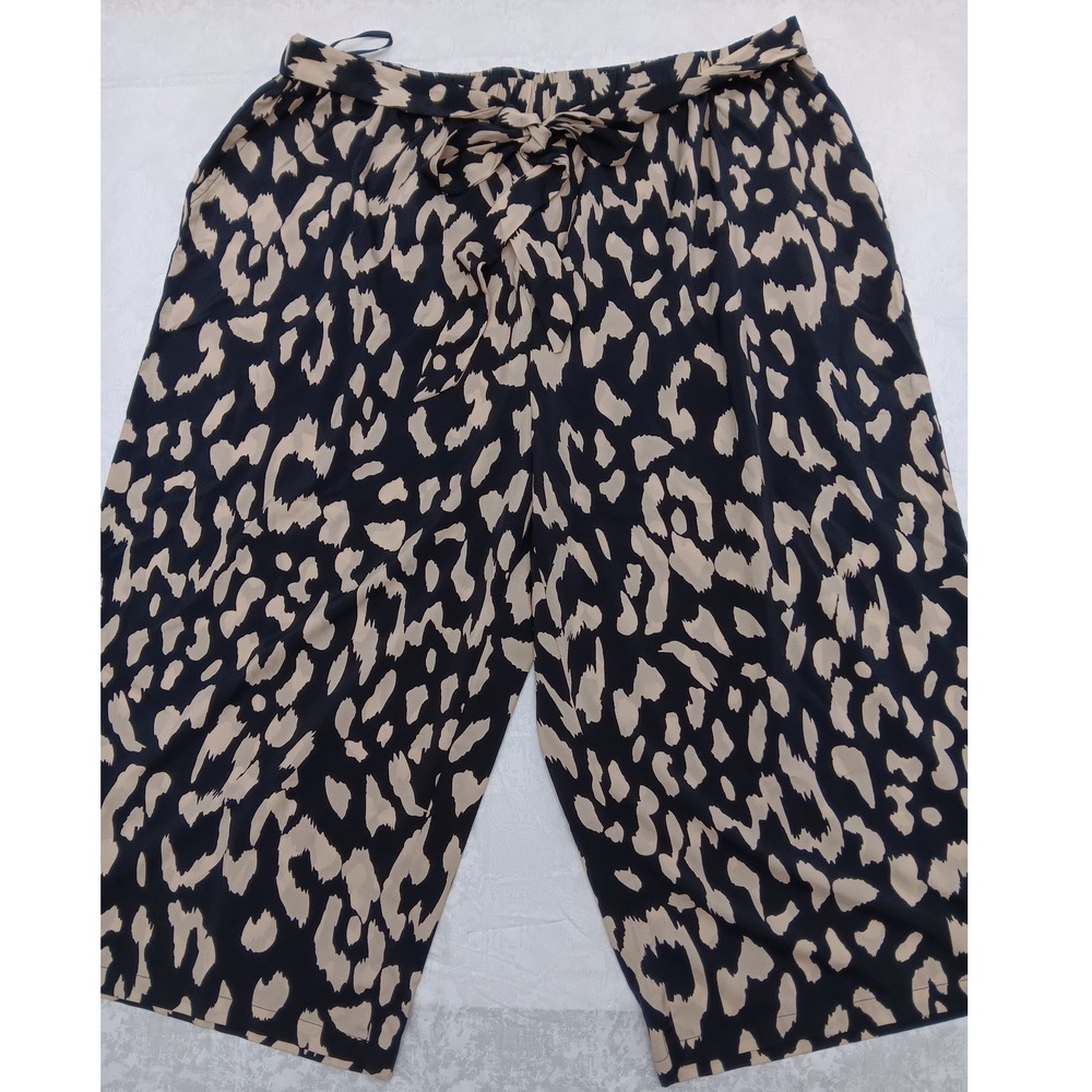 Bloomchic Womens US 28 Animal Print‎ Palazzo Black Tan Tie Waist Wide Leg Crop